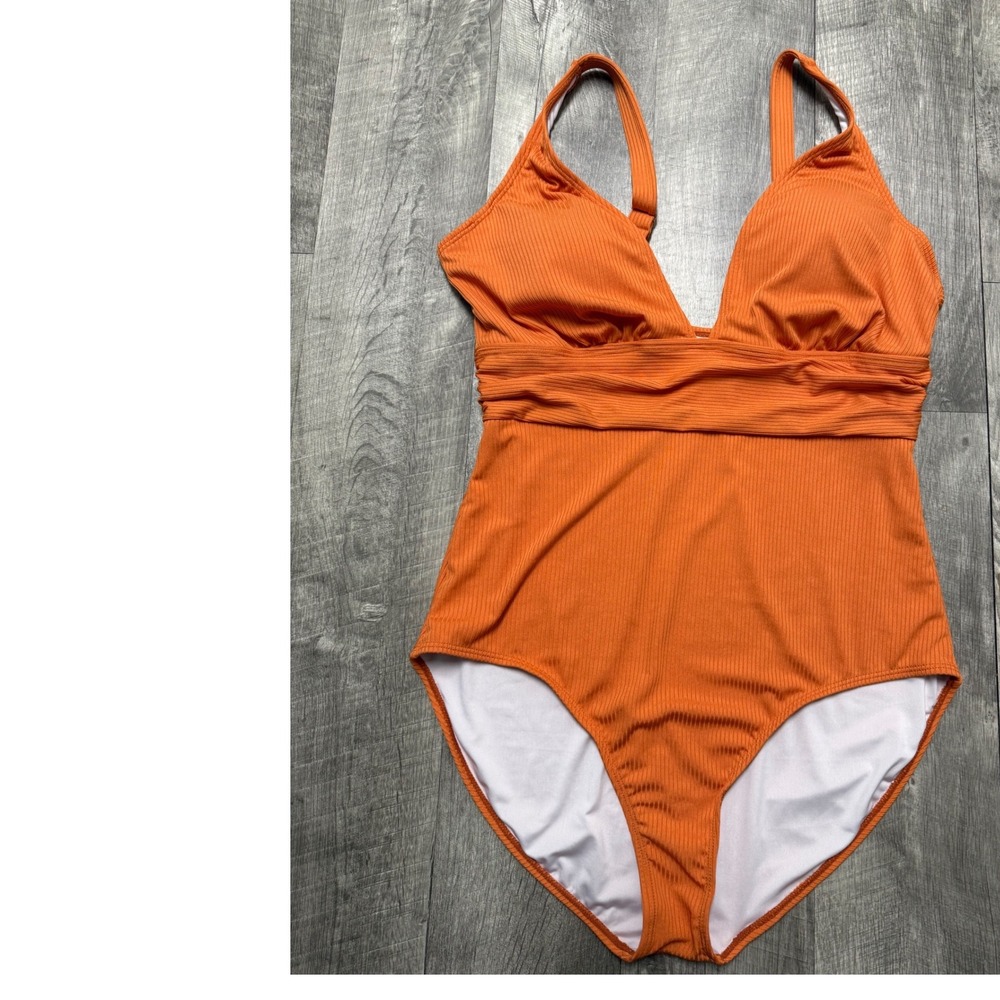 Eomenie Orange Ribbed One Piece Swimsuit Deep V-Neck Wrap Waist NWT
